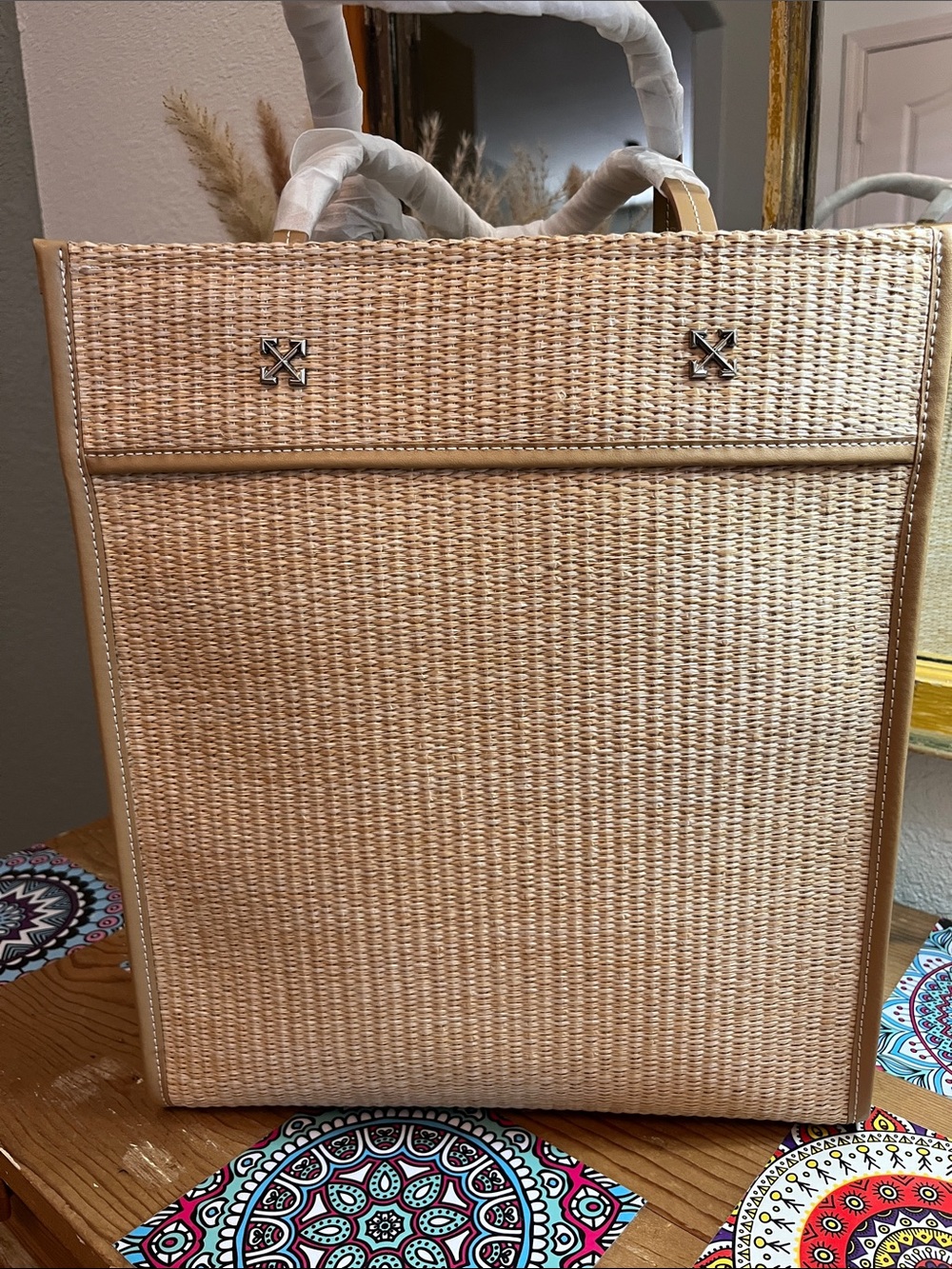 NWT Off-White Natural Wicker Tote with Tan Arrow Logo - Picture 3 of 8